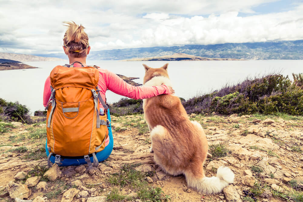Une randonneuse portant un sac à dos assise de dos sur un sentier face à un lac de montagne, une main posée doucement sur le dos de son chien assis à ses côtés.