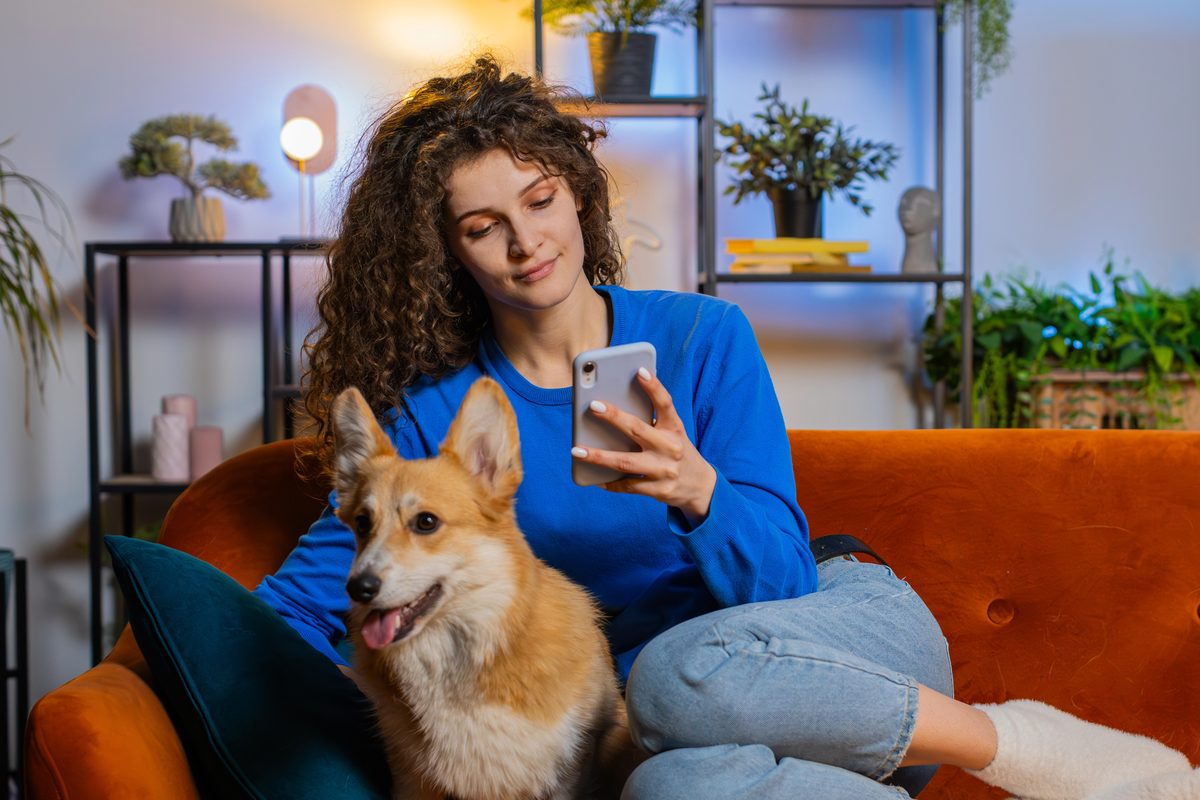 Jeune femme assise sur un canapé orange, qui lit sur son téléphone, son Corgi assis contre elle